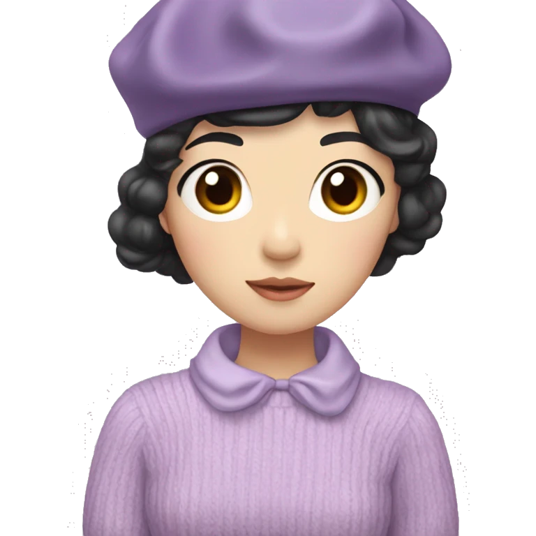 korean girl short black hair sharp jawline, attractive wearing a lilac sweater and beret and bow emoji