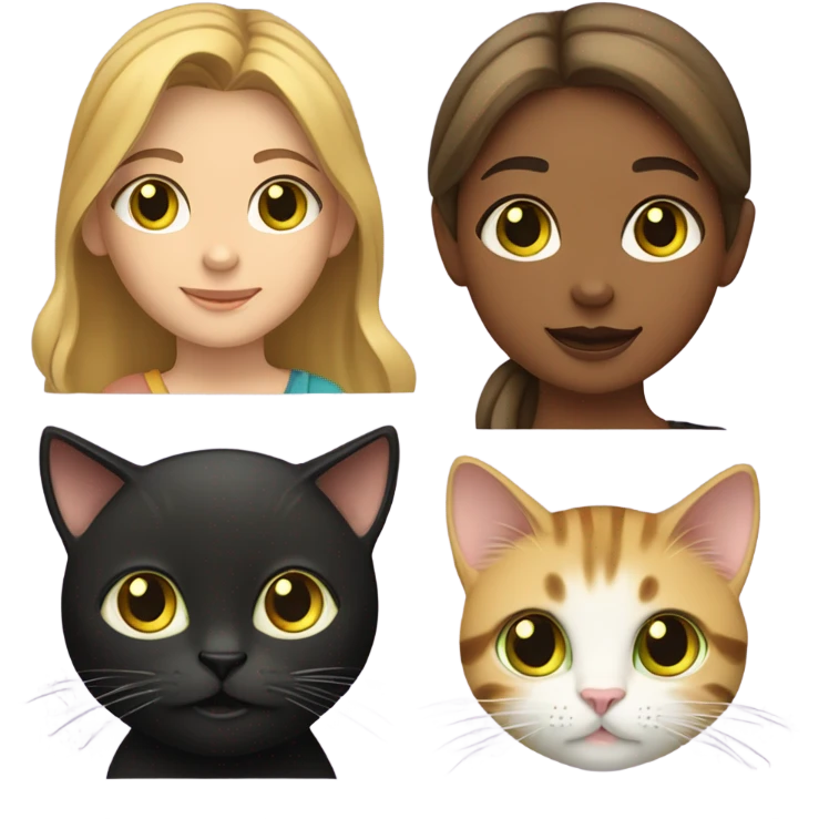 A hazel-eyed girl with light brown, medium-length hair is holding a black cat with yellow eyes, a tabby cat with green eyes, and a yellow tabby cat with yellow eyes. emoji