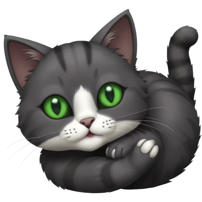 solid dark grey cat with green eyes, completely solid grey face, white toes/paws playing rolling upside down emoji