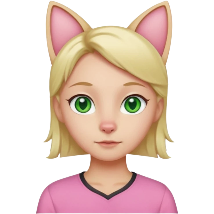 Squareded Ears Pink Skin Green Eyes Cat Shaped Pupils Heart Shaped Forehead Blonde Haired Pink Shirt  emoji