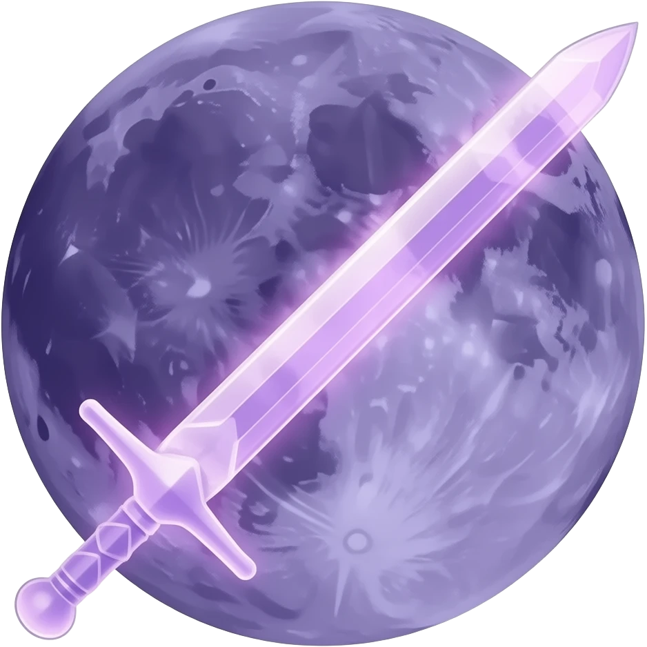transparent dark purple detailed crescent moon with an elegant detailed glowing transparent sword, emoji style. The sword is positioned so that the blade points away from the moon and the hilt faces toward the moon (blade facing outward, not toward the moon). Soft violet and pink glow emoji