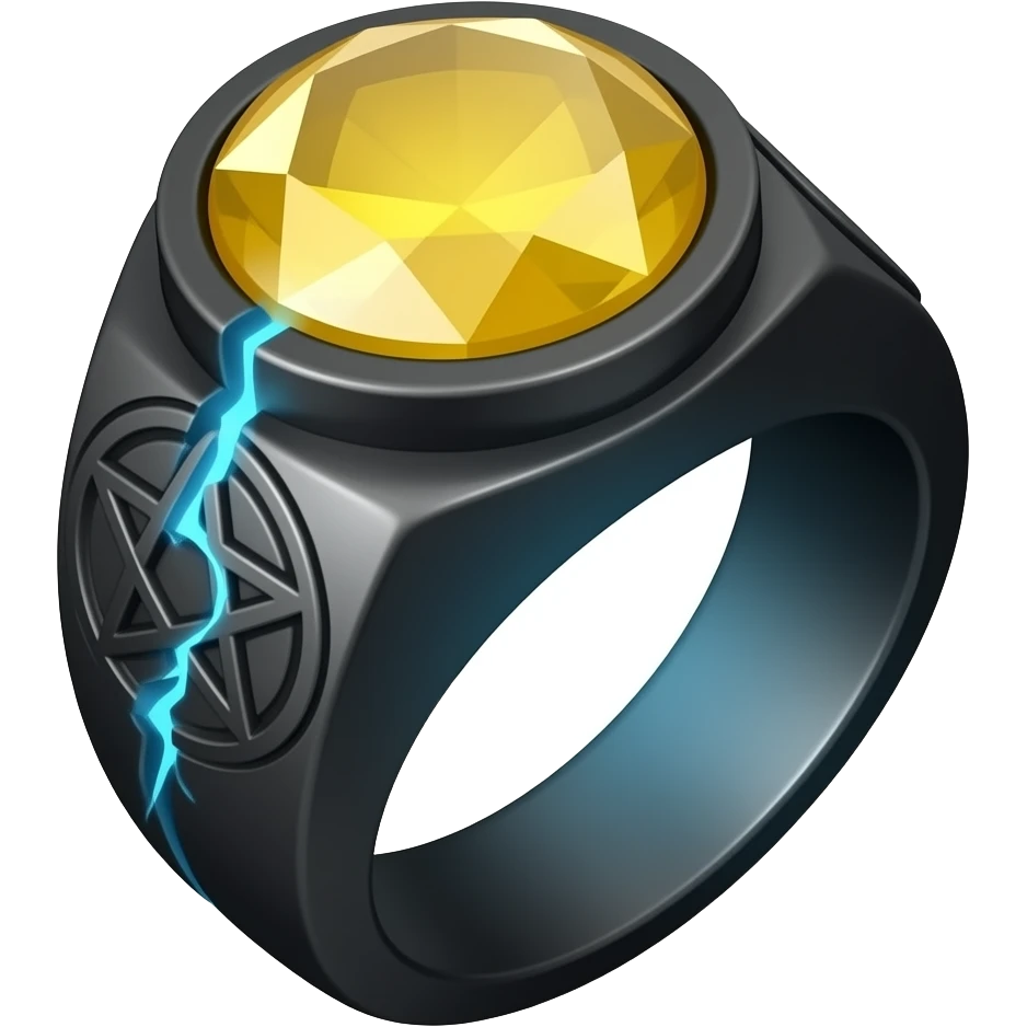 A obsidian ring with a BIG yellow gem, that has a pentacle carved into it, and a crack goin through it glowing light blue emoji