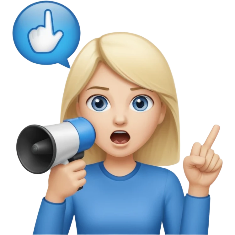 blue eyes blonde girl yelling into megaphone and holding up 1 finger in the other hand emoji