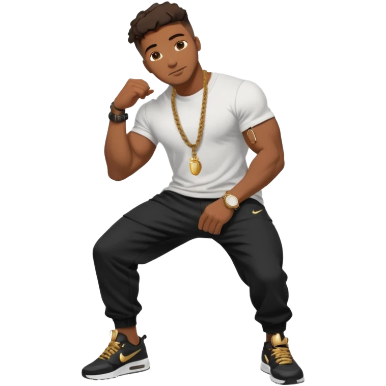 Handsome Black guy with brown skin tone, with muscular build, wearing black sweatpants, a white t-shirt, black Nike air max, a gold rope chain, and a gold watch  emoji