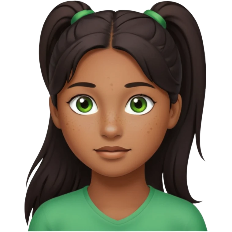 Девочка с длинными темными волосами в хвосте и веснушками в коричневом emoji