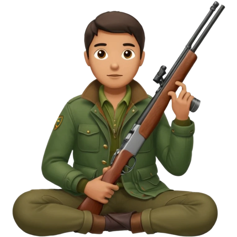 male hunter sitting with a shotgun across his lap, relaxed pose emoji