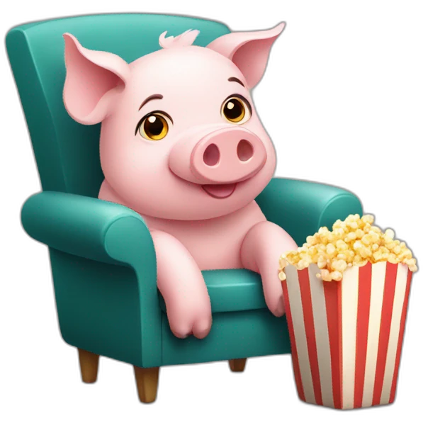 Cute pig sitting on a chair with popcorn emoji