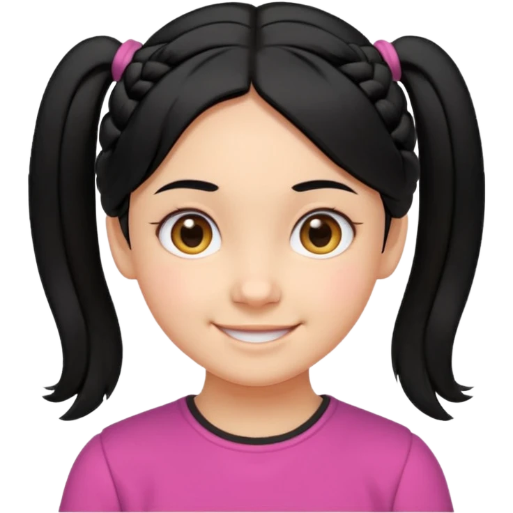 smiling girl with black hair parted in the middle tied into two small side pigtails, round eyes, cheerful expression, soft cartoon-like facial features, head and upper shoulders, clean lines, minimal white background, vibrant and simple emoji style emoji