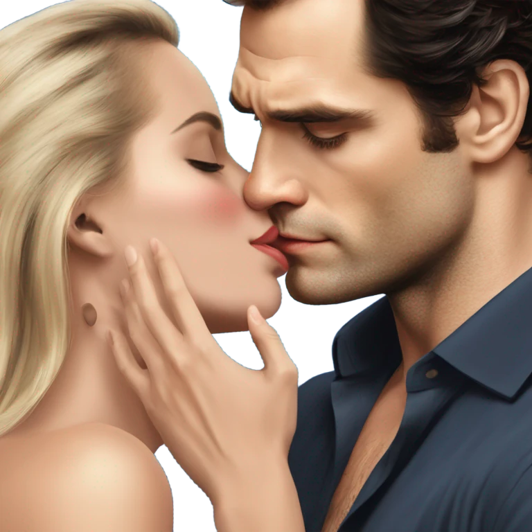 realistic photo of Henry Cavill kissing a beautiful female model while touching her cheek emoji
