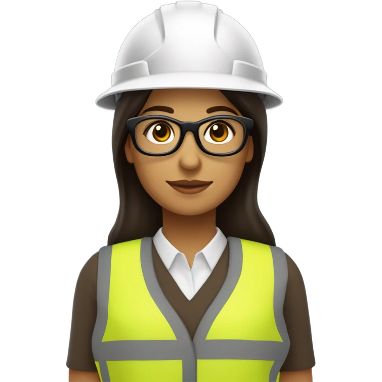 Mujer ingeniera,latina, con chaleco reflejante ,casco blanco de seguridad, lentes negros; cabello café oscuro y lacio hasta el hombro  emoji