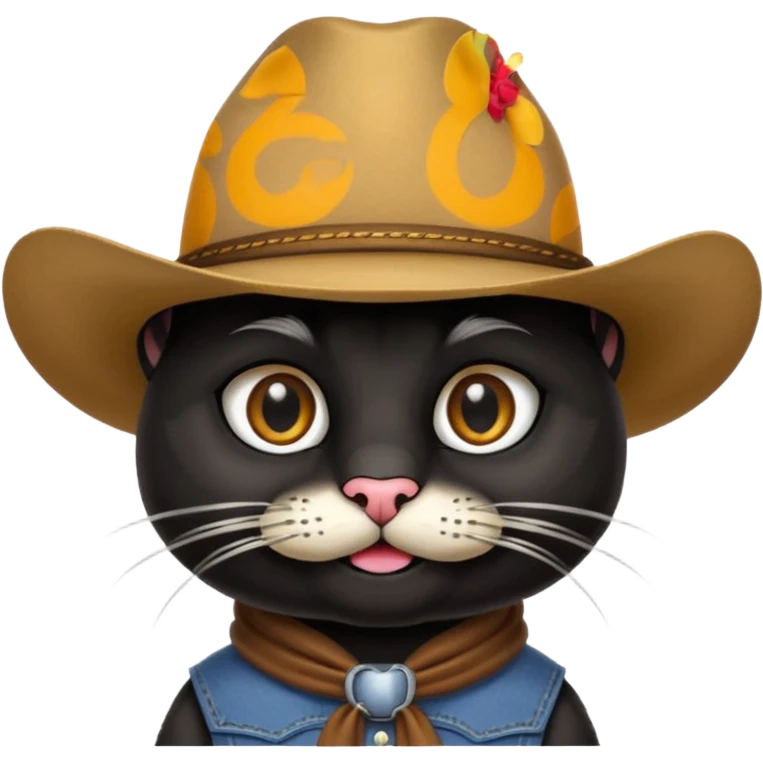 combine the cowboy empjis with a bclack cat emoji and make it have a black thick moustache over the cat wiskers emoji