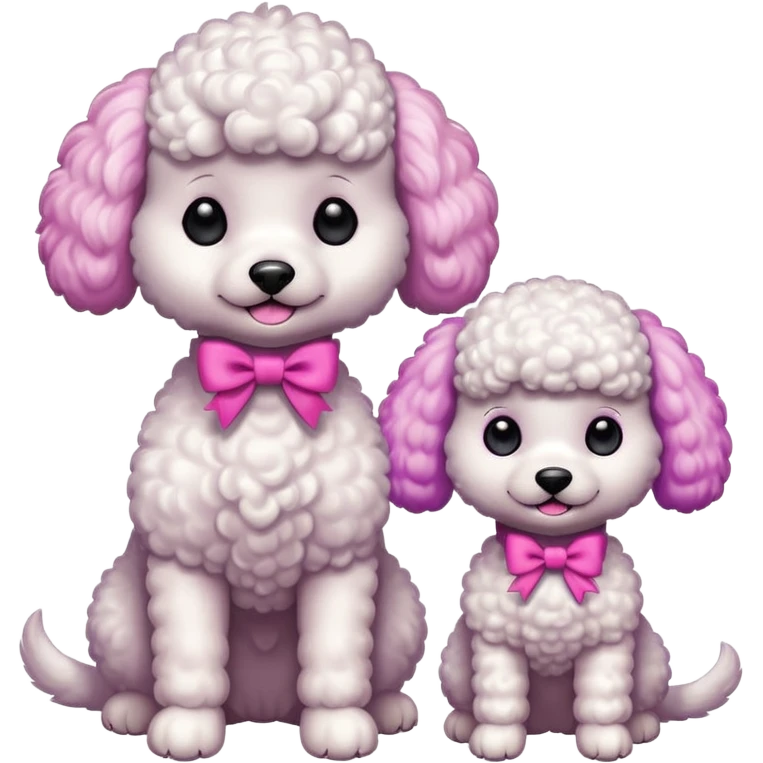 Two white toy poodle–style dogs, fluffy curly fur, round faces, black button eyes. Hot-pink paws, purple-dyed ear tips. One taller dog standing upright wearing a large pastel pink bow, one smaller round dog sitting. Cute plush emoji style. emoji