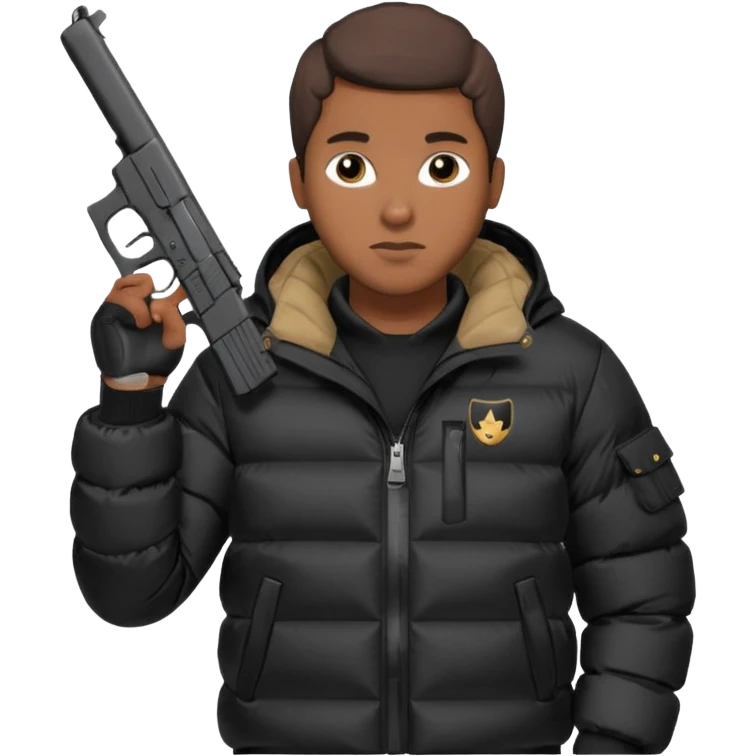 african american wearing a black puffer jacket with the hood on and holding a glock 26 emoji