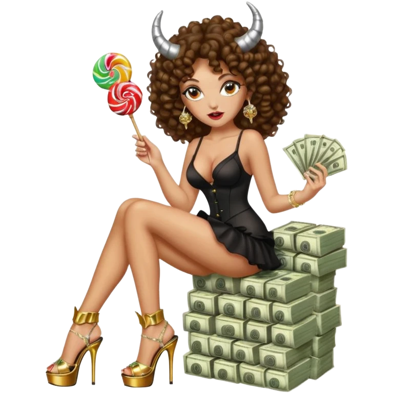 seductress evil brown curly haired sexy drug lord woman with clear glittery platform heels on her feet and horns on her head, holding a stack of cash and a lollipop in her mouth emoji