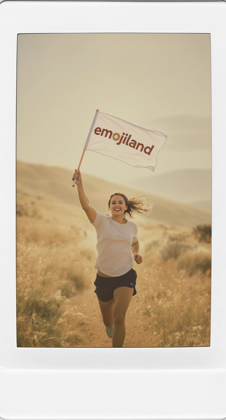 happy runner waving a flag that says 'emojiland' emoji