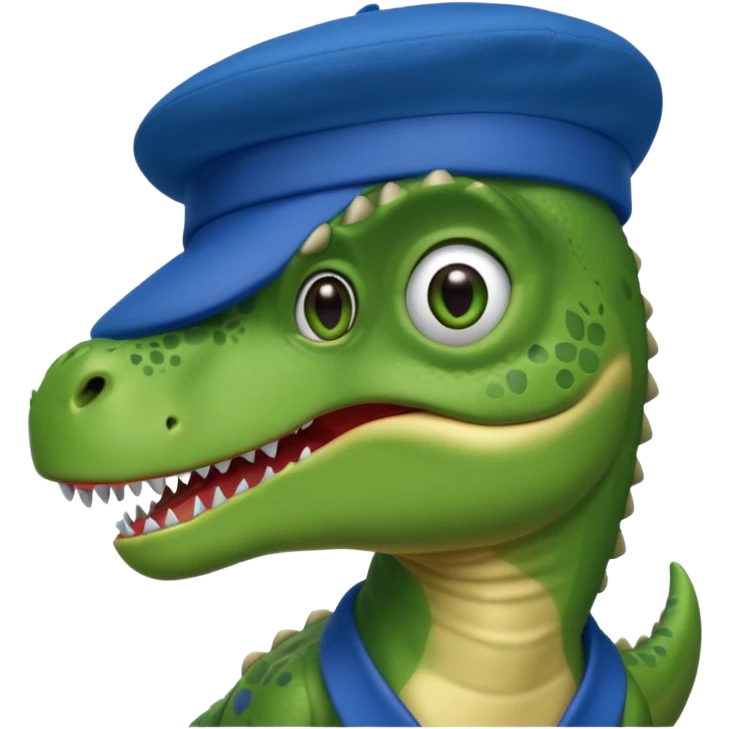 Let’s do a cute green T Rex dinosaur with a blue beret hat French  emoji
