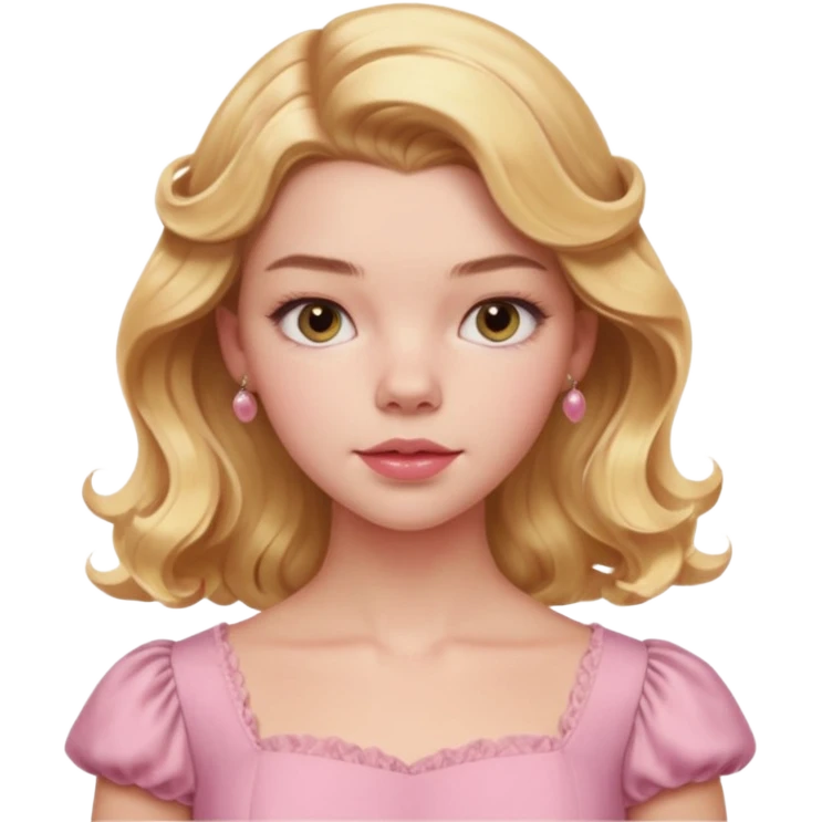 Cinematic Realistic Anya Taylor Joy Portrait, depicted with lifelike skin texture, subtle rosy undertones, and soft natural lighting that enhances the sweet blush contours of her face. Her intricately detailed golden blonde hair is elegantly wavy, and pink dress corquette emoji