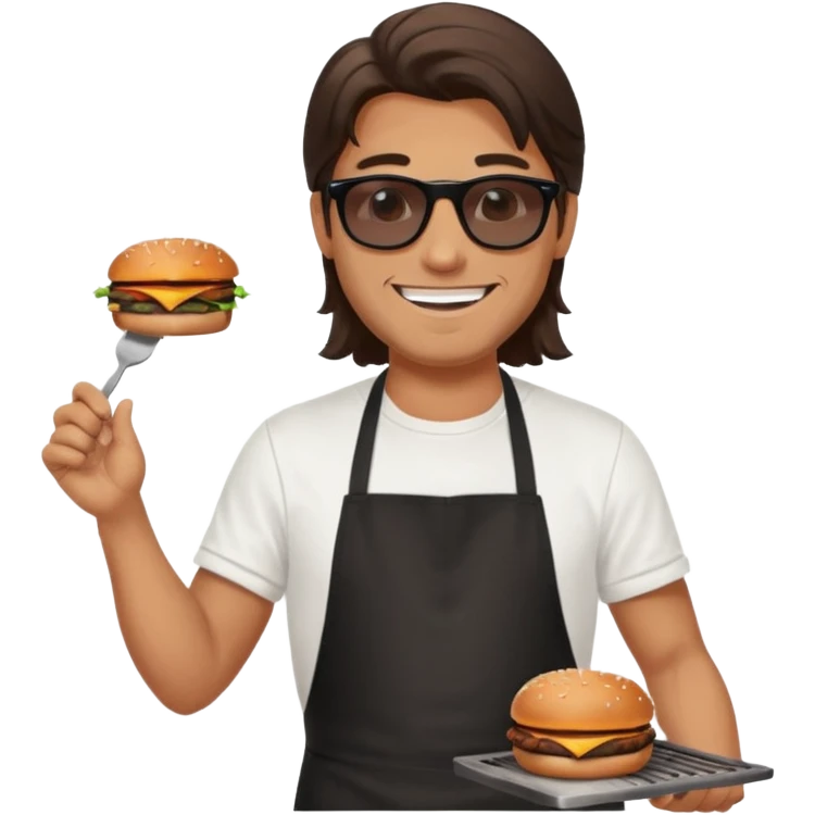long hair man grilling wearing shade smiling in a white tshirt and a black apron grilling burger and meat on a sizzling grill emoji