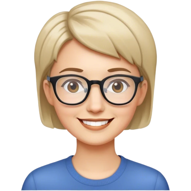 a teacher with glasses and a short cut smiling emoji