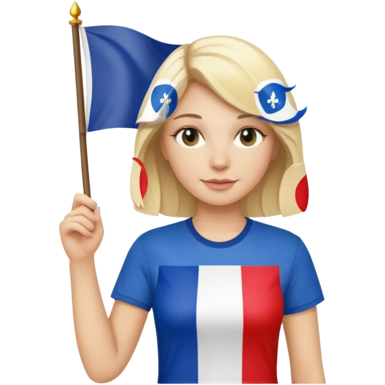 White woman with blonde hair holding a French flag in hand with a fleur-de-lily t-shirt emoji