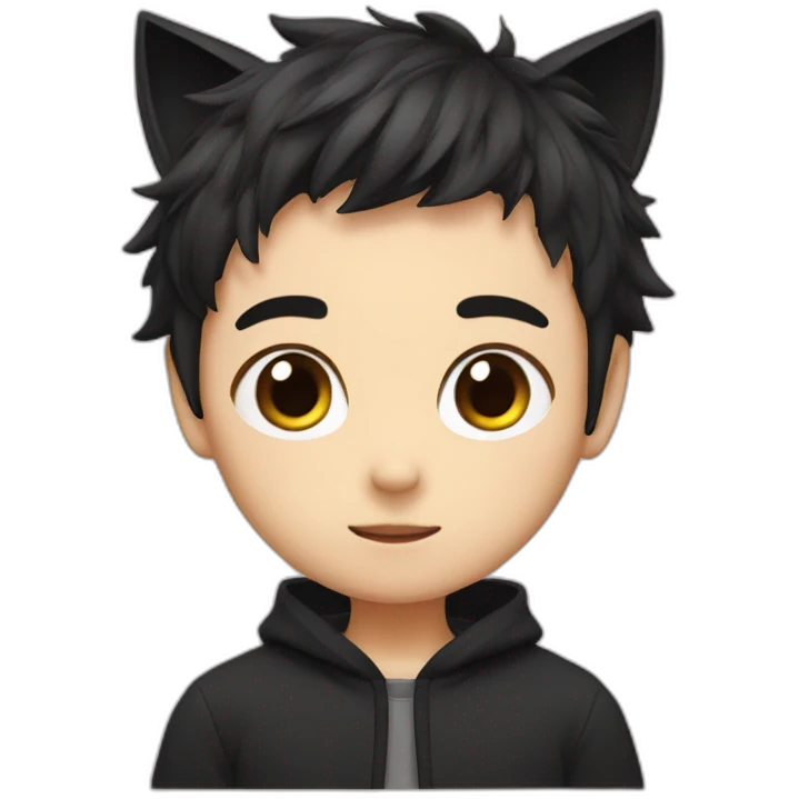 Japanese boy, with black cat ears and a cute hair style in black emoji