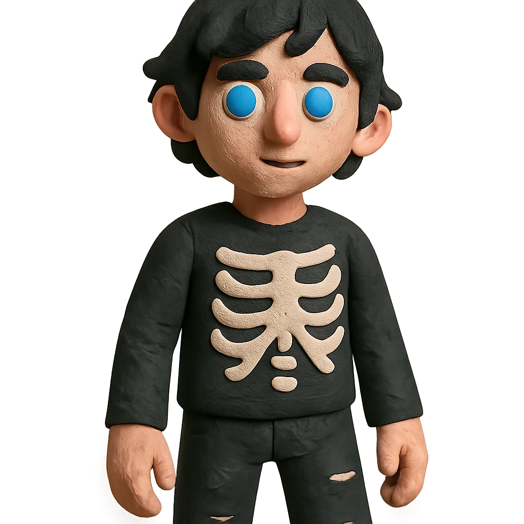 black-haired, blue-eyed person wearing a black skeleton top and ripped black jeans emoji