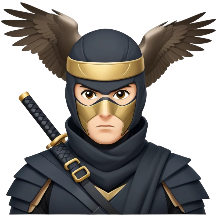 clash-of-clans-aesthetic_-cinematic-mysterious-male-ninja-portrait-emoji, rendered in a flat, vector-style with minimal shading and bold, simplified shapes, with a head slightly turned revealing intense, focused eyes. the ninja has his arm out and perched on top of it is  a peregrin falcon  emoji