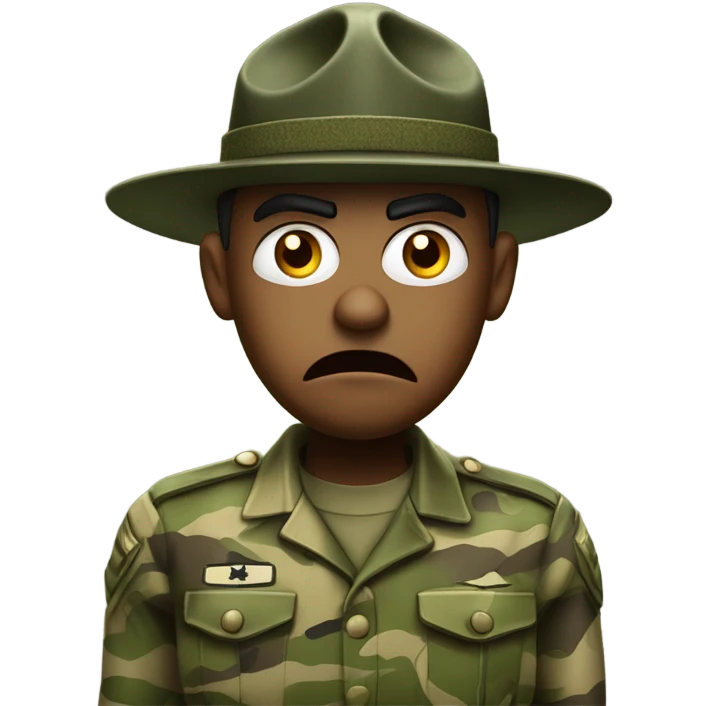 drill sergeant character wearing a classic sergeant hat and a camouflage army shirt. The character should have an angry intense expression. full torso emoji