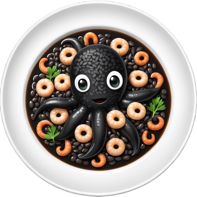 cinematic-realistic-black-risotto-dish-emoji,-showcasing-small squid pieces in black sauce -rendered-with-bold-textures-and-dynamic,-dramatic-lighting in a white plate emoji