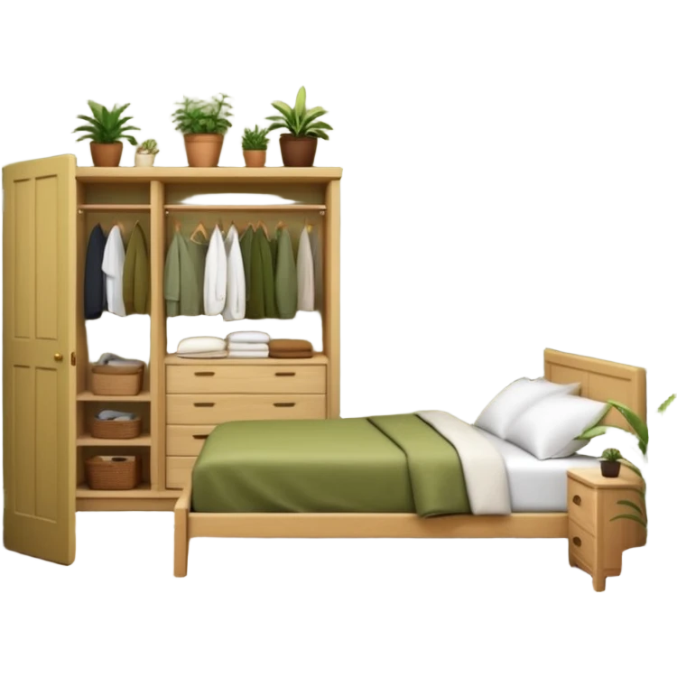 Organizing bedroom with olive green walls, wood bed, plants around, and wood closet emoji