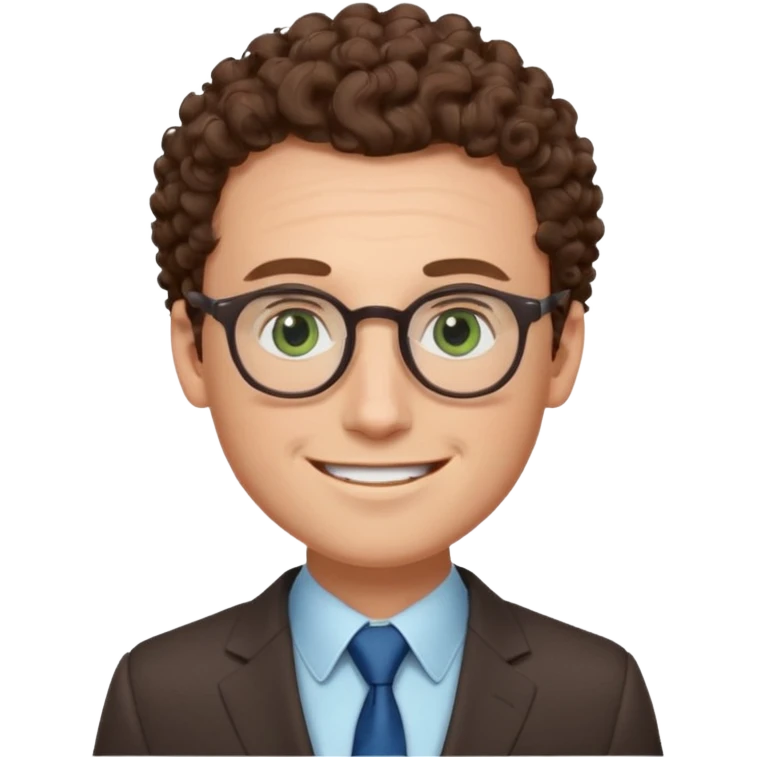 The face of a white man, with blue/green eyes, a large forehead, small and thin round glasses, curly brown hair, wearing a suit, and smiling emoji