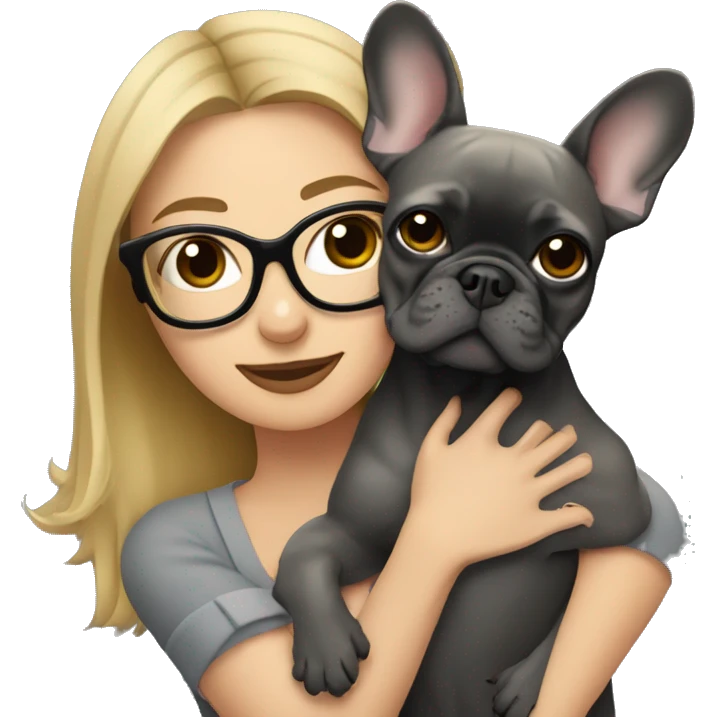 dark blonde woman with glasses hugging dark gray french bulldog emoji