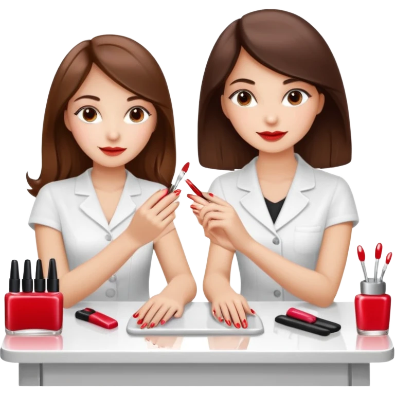 A realistic illustration of a girl with medium-length thick brown hair sitting at a manicure table. Another girl is carefully doing her nails, using professional manicure tools. Soft natural lighting, clean salon environment, detailed hands and nail work, warm and pleasant atmosphere. emoji