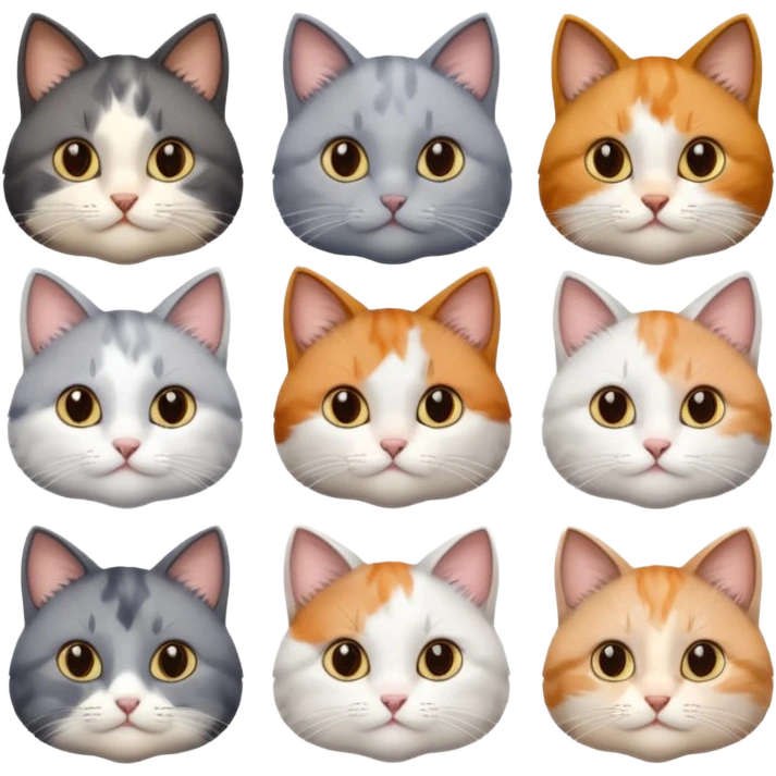 6 realistic looking cats with different natural coloured coats, assorted grey and white, greys, calico, brown and white colours etc
 emoji