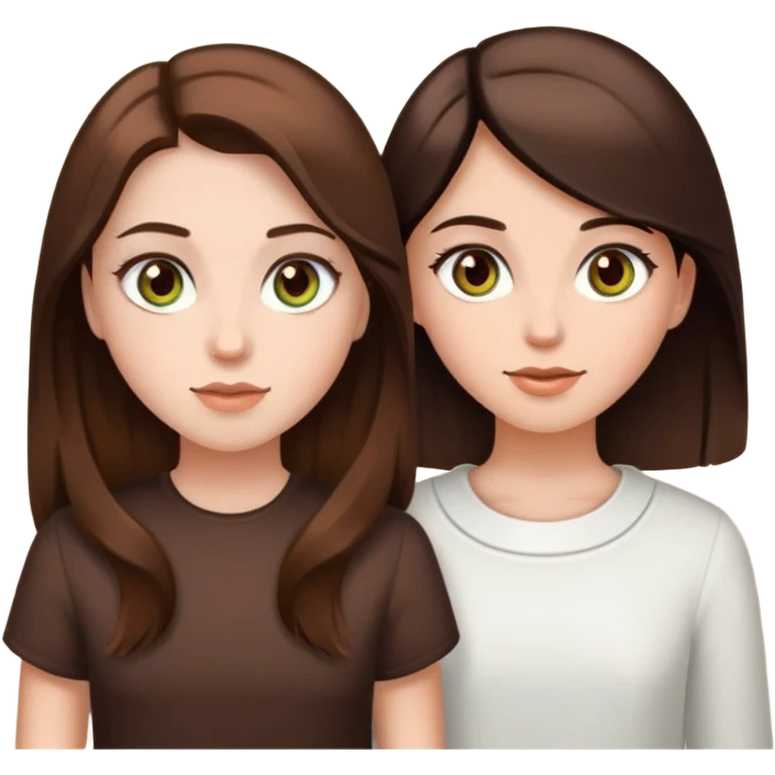 2 girls, one with dark brown hair and hazel green eyes and white skin, and the other with light brown skin, chocolate brown hair and brown eyes  emoji