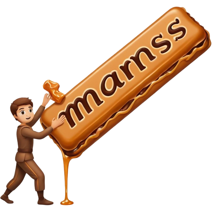 Create a cartoon-style Mars bar with gooey caramel stretching playfully. emoji