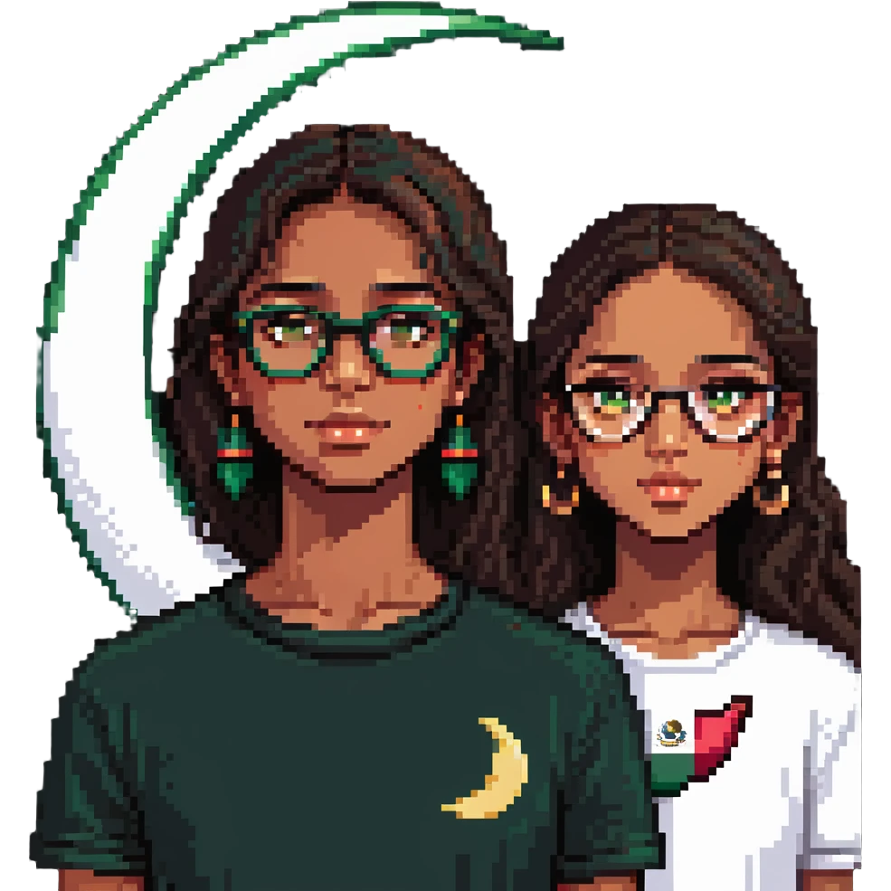 pixel art style: medium height beautiful Mexican girl with dark-skinned boy with glasses, green-brown eyes, crescent moon scar on chin emoji