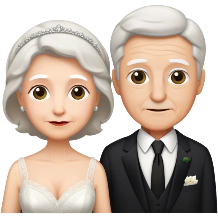 A grandmother wearing her own wedding dress and her husband is wearing a black tie  emoji