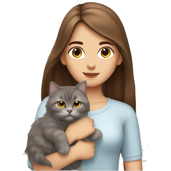  Chestnut brown straight hair girl holding fluffy Siberian gray cat  emoji