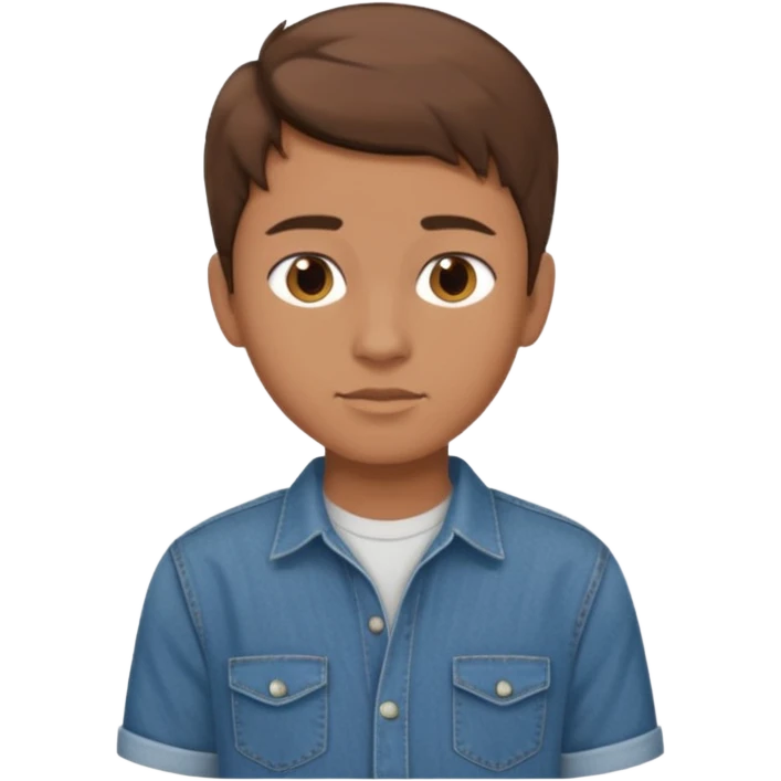 chico con tupe moderno hacia delante castaño, con los ojos marrones vestido con camisa y vaqueros que sea adolescente  emoji