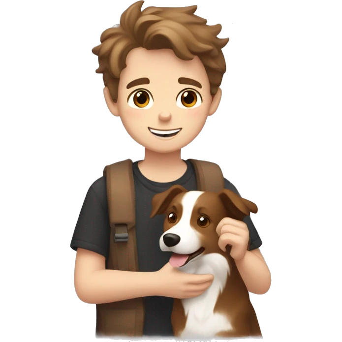 White boy with brown hair and stubble holding a light brown border collie with love hearts around them  emoji