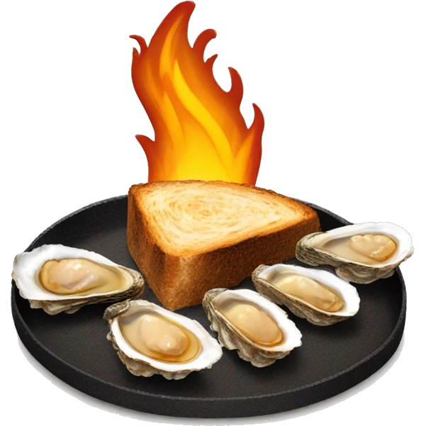 slice of black toasted bread with pan of oysters, fire turkey emoji