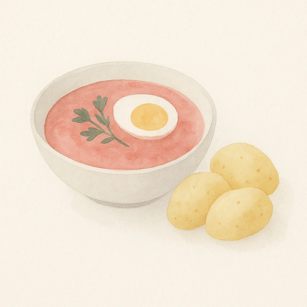 pink soup with egg and greens inside, boiled potatoes by its side, watercolor art style emoji
