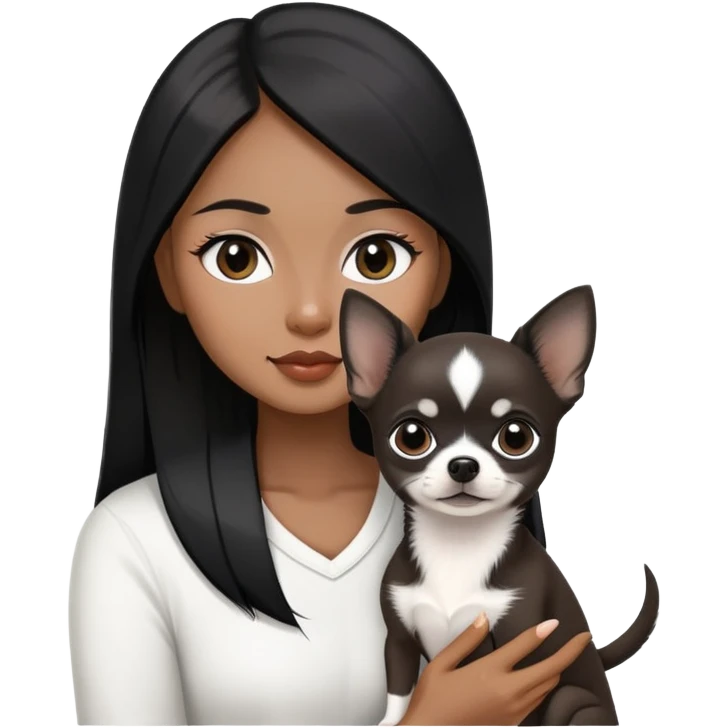 Thai woman with long straight black hair next to a small black and white Chihuahua puppy emoji
