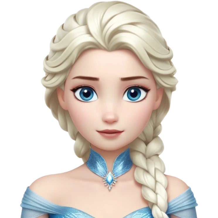 Cinematic Realistic Elsa Portrait, depicted with lifelike skin texture, soft natural lighting, and intricately detailed platinum blonde hair styled elegantly. Her striking, expressive blue eyes exude confidence and grace, complemented by a serene and regal expression. She is dressed in her signature icy attire, with shimmering fabric textures and delicate folds that catch the light beautifully. The portrait features a soft, enchanting glow with a cool, radiant finish, capturing the essence of timeless elegance in a realistic and painterly style, evoking a sense of depth and authenticity. emoji