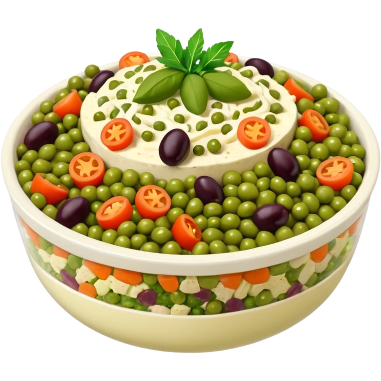 Salată de boeuf: a Romanian festive salad made with finely chopped boiled vegetables, pickles, peas, and beef or chicken, all mixed with mayonnaise and decorated with olives and pickles. emoji