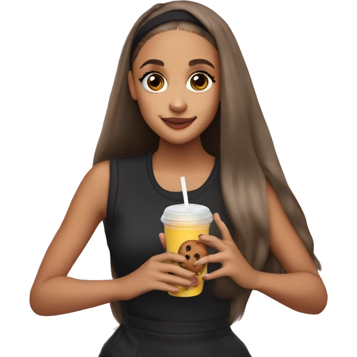 ariana grande holding juice and a cookie in 2 seprate hands emoji
