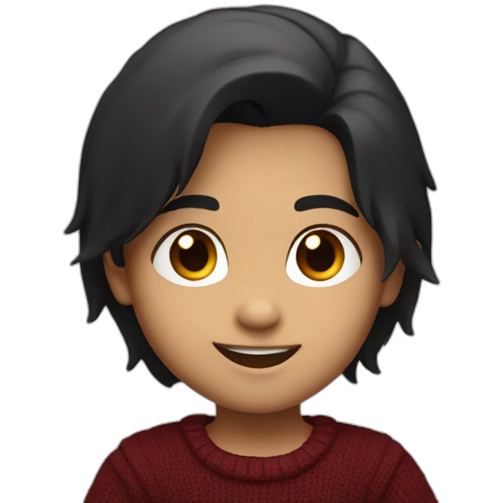 smiling and pointing 3 years old white skin indian with black hair wearing a dark red sweater emoji