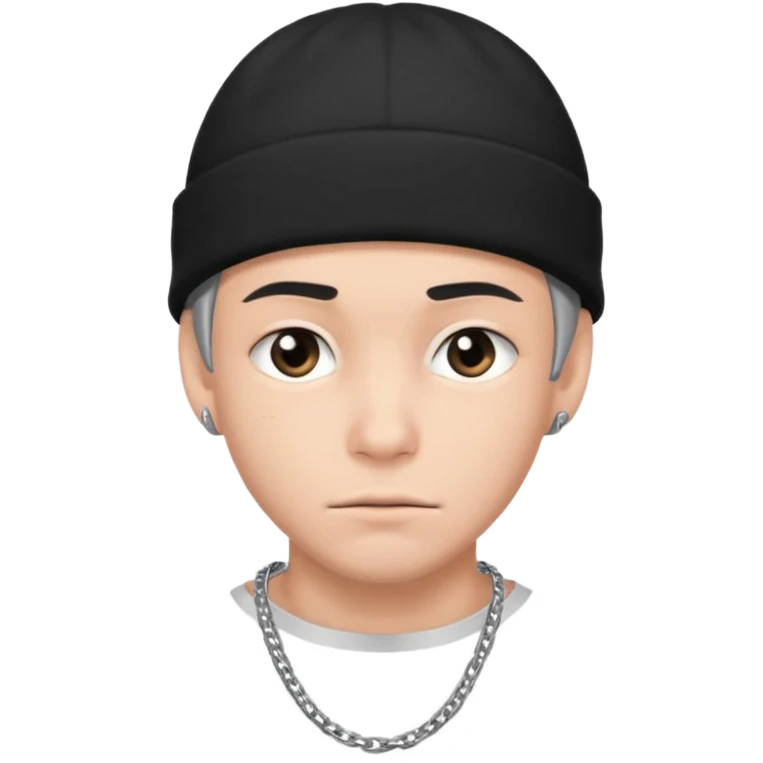 young man with black beanie, silver chain, stern expression emoji