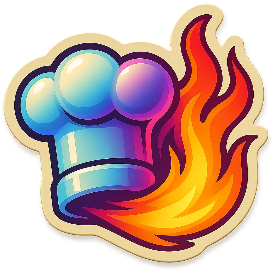 chef's hat with a trail of fire emoji, playful, synthwave colors, vibrant, matching style reference file
 emoji